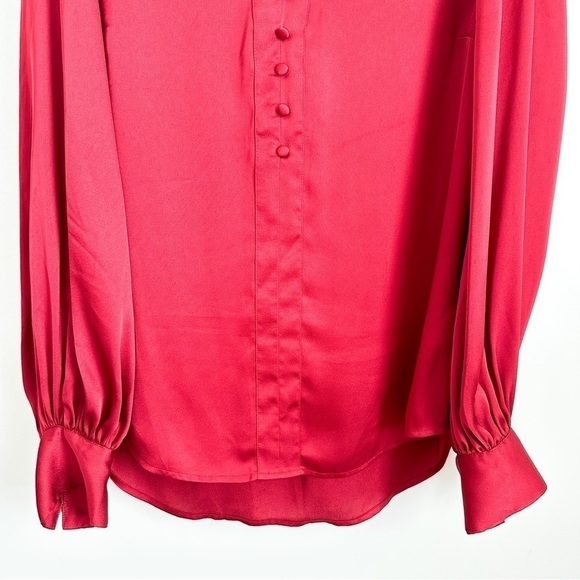 Express Satin Silky V neck Button Detail Balloon Sleeve Blouse Top Crimson Med - Picture 4 of 8